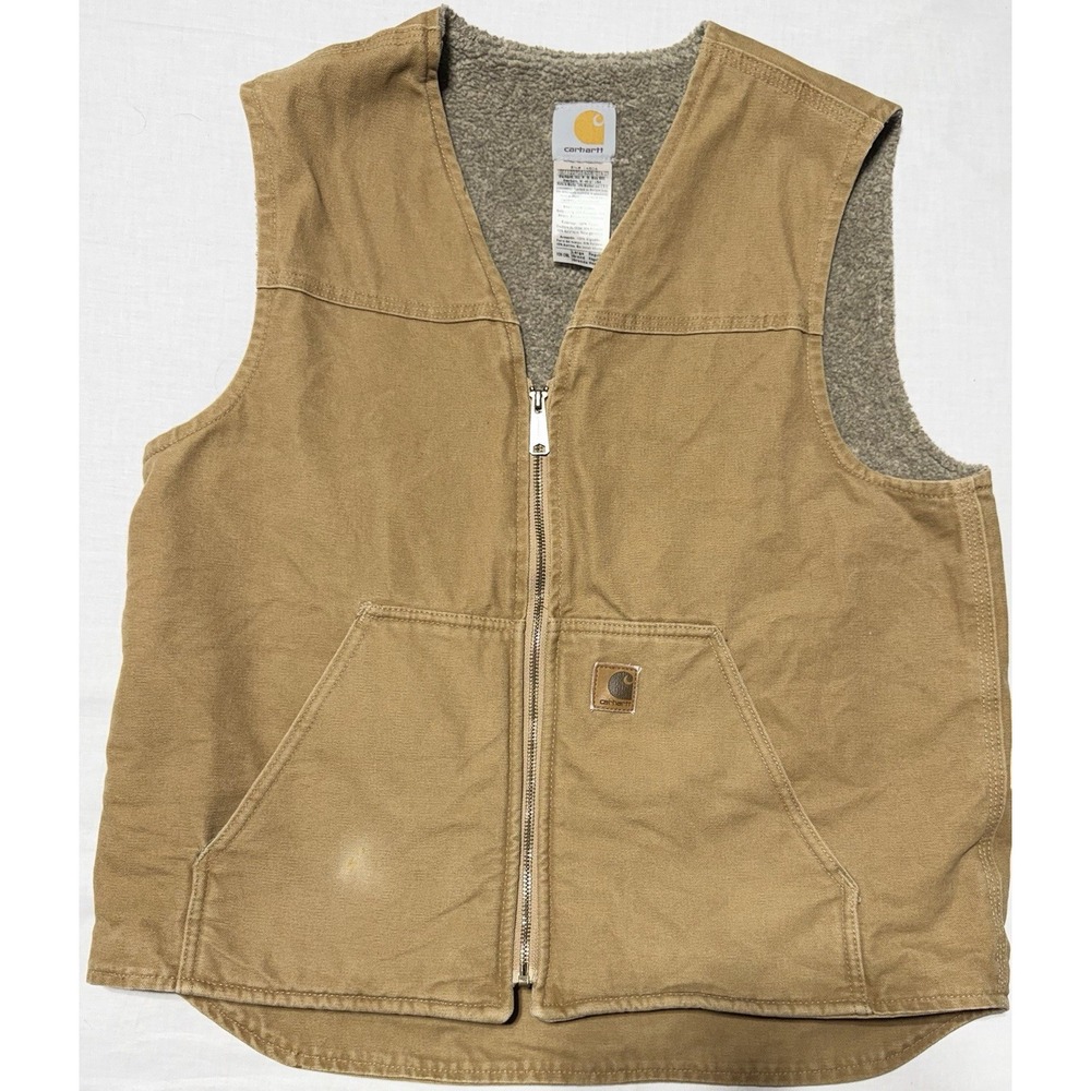 VTG Carhartt Sherpa Fleece Lined Khaki Duck Canvas Vest V26 CML Khaki Men's L